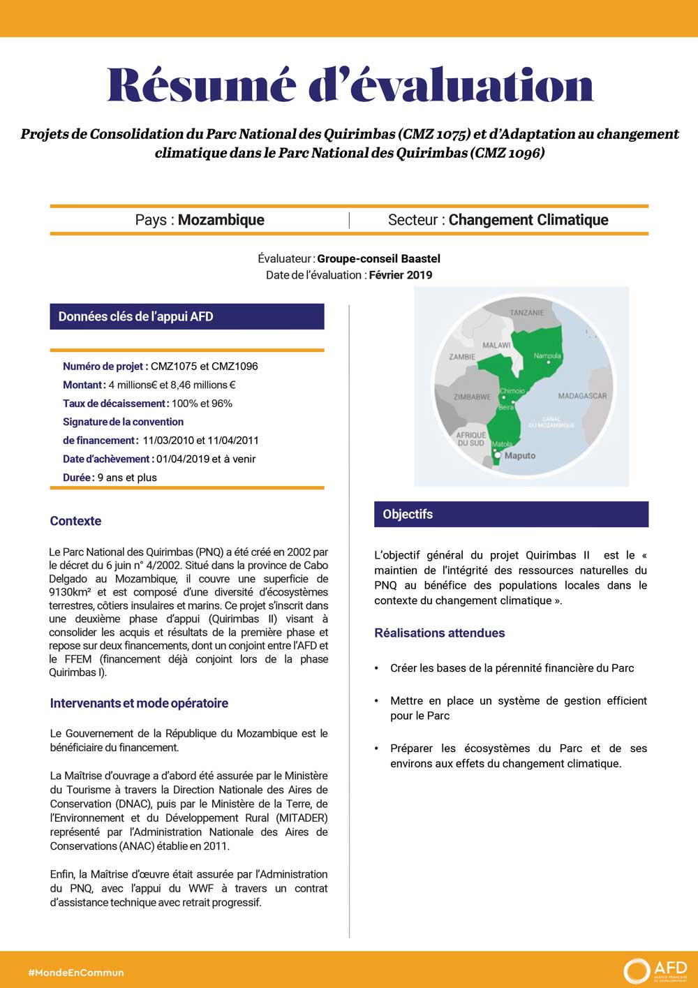 Résumé d'évaluation - Projets de consolidation du parc national des Quirimbas et d'adaptation au changement climatique, Mozambique